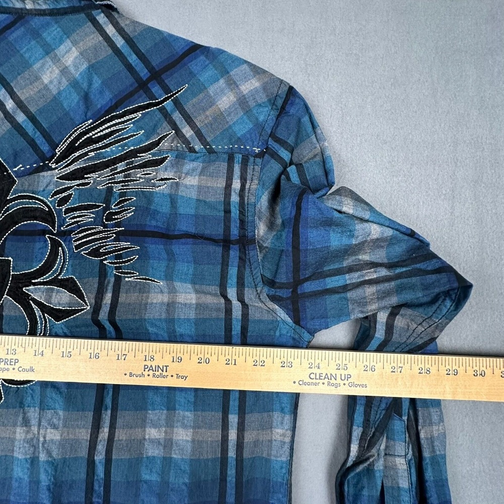 Red Ranch Pearl Snap Shirt XL‎ Blue Affliction Style Embroidered Y2K Western - Picture 10 of 14